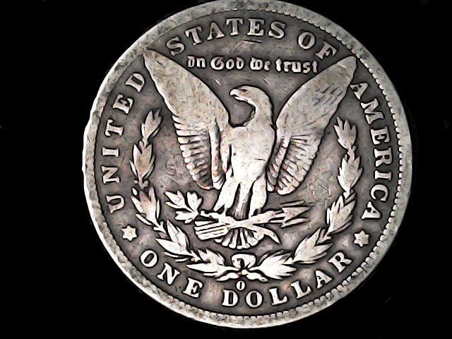 Silver dollar coin with an eagle emblem 'United States of America' text 'O' Inscription on a dark background