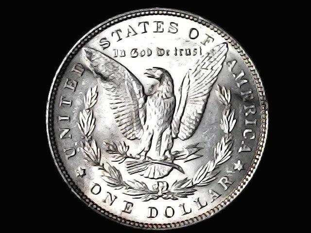 Silver Dollar with an eagle design and 'In God We Trust' inscription on a black background