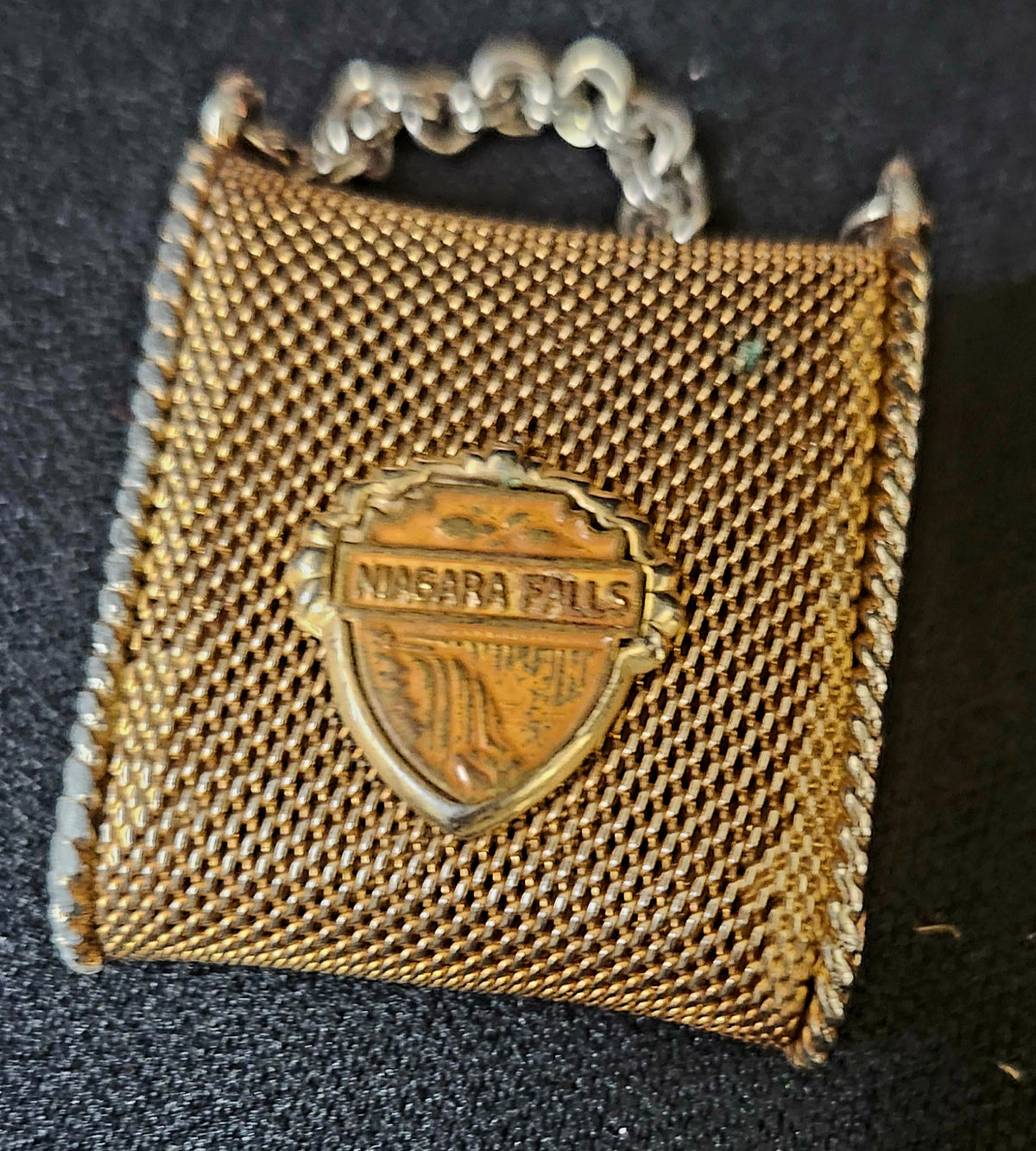 A vintage gold-tone mesh clutch purse with a central shield-shaped 'Niagara Falls' emblem and a silver-tone chain strap, shown on a dark textured background.