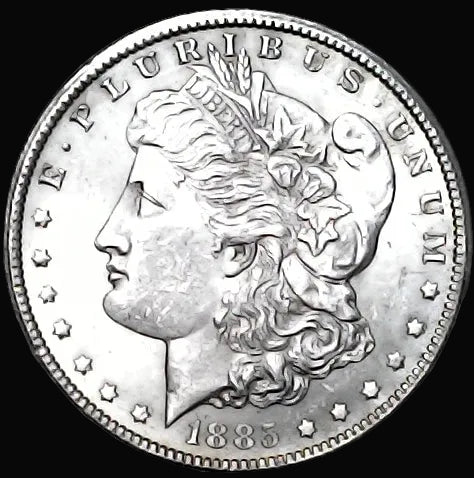 Silver Morgan Dollar Left-facing profile of Liberty wearing a Phrygian cap, with 'LIBERTY', "E PLURIBUS UNUM" and '1885' inscriptions