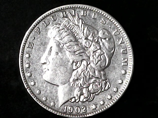 Silver Morgan Dollar Left-facing profile of Liberty wearing a Phrygian cap, with 'LIBERTY', "E PLURIBUS UNUM" and '1902' inscriptions on a black background with case