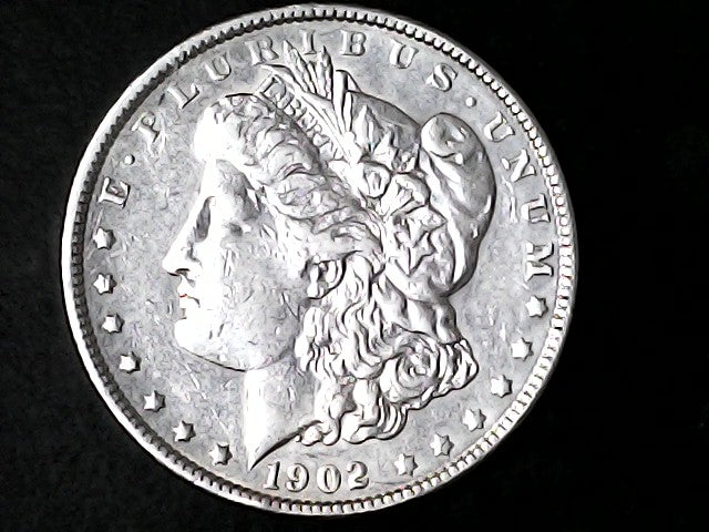 Silver Morgan Dollar Left-facing profile of Liberty wearing a Phrygian cap, with 'LIBERTY', "E PLURIBUS UNUM" and '1902' inscriptions on a black background with case