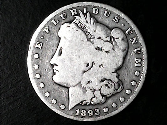 Silver Morgan Dollar Left-facing profile of Liberty wearing a Phrygian cap, with 'LIBERTY', "E PLURIBUS UNUM" and '1893' inscriptions on a black background with case