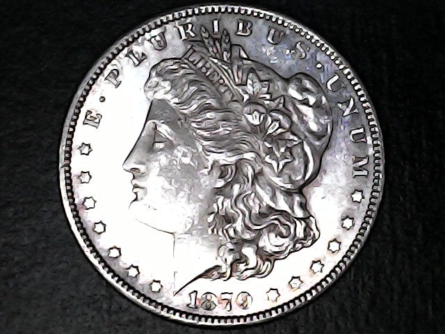 Silver Morgan Dollar Left-facing profile of Liberty wearing a Phrygian cap, with 'LIBERTY', "E PLURIBUS UNUM" and '1879' inscriptions on a black background with case