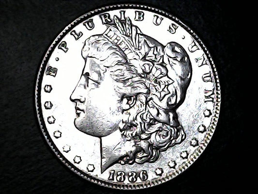 Silver Morgan dollar coin with a profile of Liberty and '1886' inscription on a black background