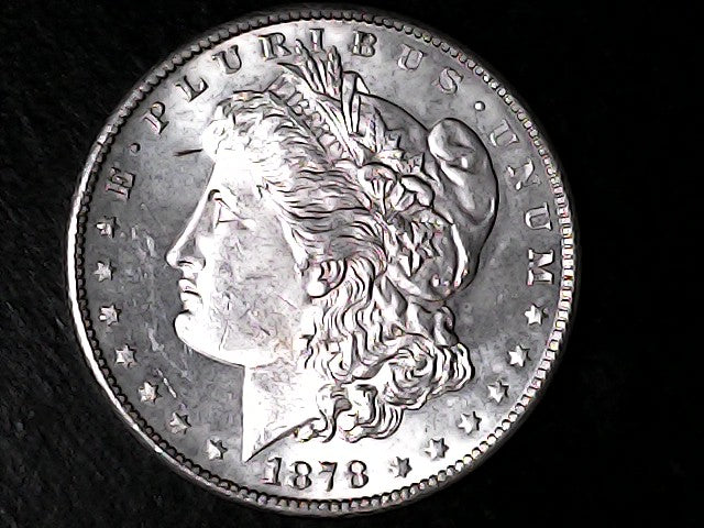 Silver Morgan Dollar Left-facing profile of Liberty wearing a Phrygian cap, with 'LIBERTY', "E PLURIBUS UNUM" and '1878' inscriptions on a black background with case
