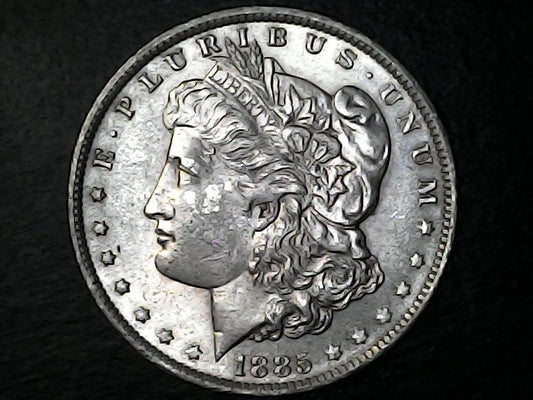 Silver Morgan Dollar Left-facing profile of Liberty wearing a Phrygian cap, with 'LIBERTY', "E PLURIBUS UNUM" and '1885' inscriptions on a black background with case