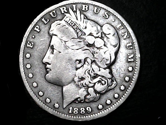 Silver Morgan Dollar Left-facing profile of Liberty wearing a Phrygian cap, with 'LIBERTY', "E PLURIBUS UNUM" and '1889' inscriptions on a black background with case