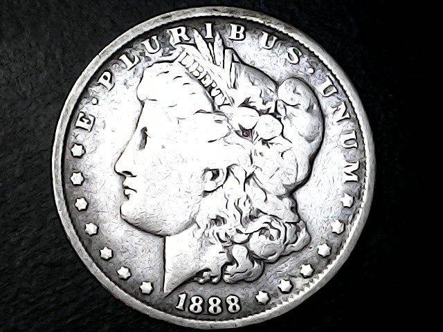 Silver Morgan Dollar Left-facing profile of Liberty wearing a Phrygian cap, with 'LIBERTY', "E PLURIBUS UNUM" and '1888' inscriptions on a black background with case