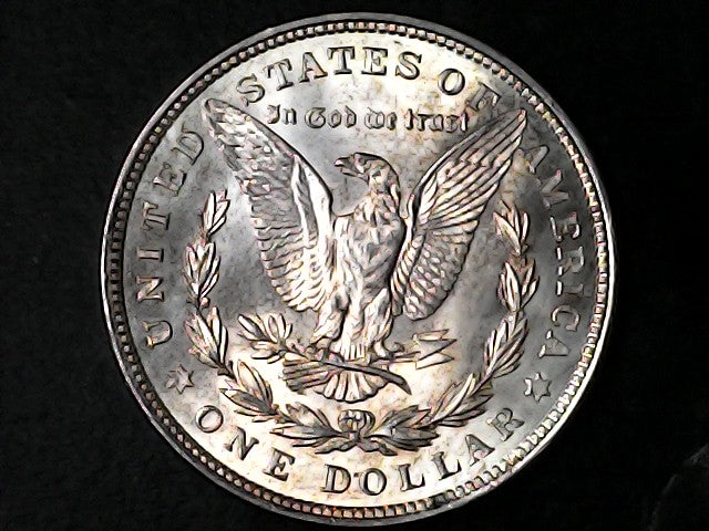 Silver Dollar with an eagle design and 'In God We Trust' inscription on a black background
