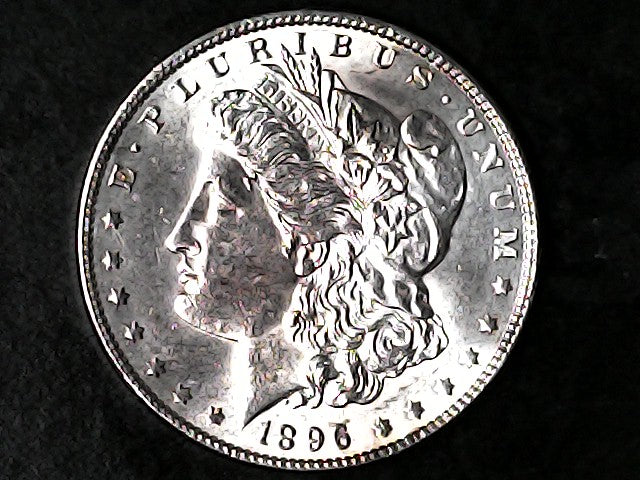 Silver Morgan Dollar Left-facing profile of Liberty wearing a Phrygian cap, with 'LIBERTY', "E PLURIBUS UNUM" and '1896' inscriptions on a black background with case