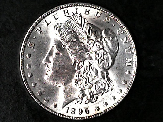 Silver Morgan Dollar Left-facing profile of Liberty wearing a Phrygian cap, with 'LIBERTY', "E PLURIBUS UNUM" and '1896' inscriptions on a black background with case