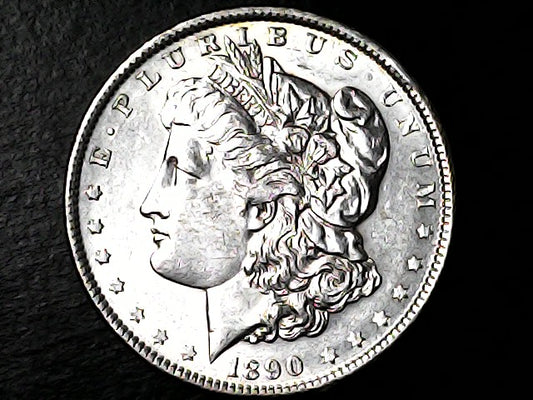 Silver Morgan Dollar with 'E Pluribus Unum', 'Liberty'  and '1890' inscriptions on a black background with case