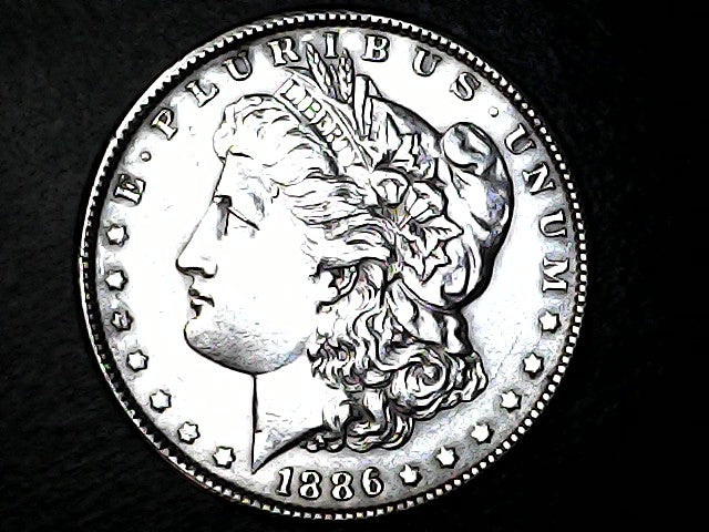 Silver Morgan Dollar Left-facing profile of Liberty wearing a Phrygian cap, with 'LIBERTY', "E PLURIBUS UNUM" and '1886' inscriptions on a black background with case