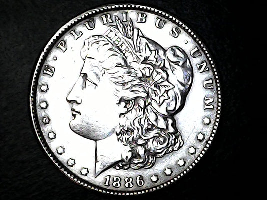 Silver Morgan Dollar Left-facing profile of Liberty wearing a Phrygian cap, with 'LIBERTY', "E PLURIBUS UNUM" and '1886' inscriptions on a black background with case