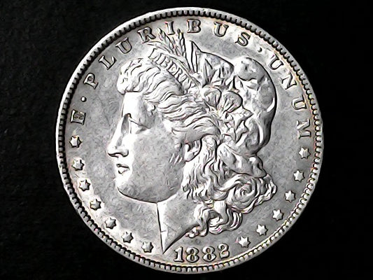 Silver Morgan Dollar Left-facing profile of Liberty wearing a Phrygian cap, with 'LIBERTY', "E PLURIBUS UNUM" and '1882' inscriptions on a black background with case