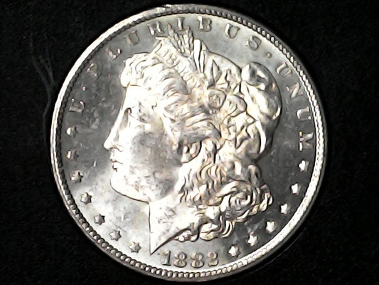 Silver Morgan Dollar Left-facing profile of Liberty wearing a Phrygian cap, with 'LIBERTY', "E PLURIBUS UNUM" and '1882' inscriptions on a black background with case