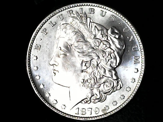 Silver Morgan Dollar Left-facing profile of Liberty wearing a Phrygian cap, with 'LIBERTY', "E PLURIBUS UNUM" and '1879' inscriptions on a black background with case