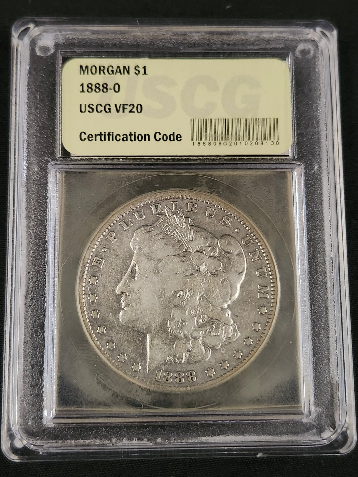1888-O Certified USCG VF-20 Morgan Silver Dollar in a protective case with grading information