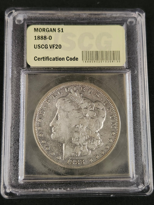 1888-O Certified USCG VF-20 Morgan Silver Dollar in a protective case with grading information