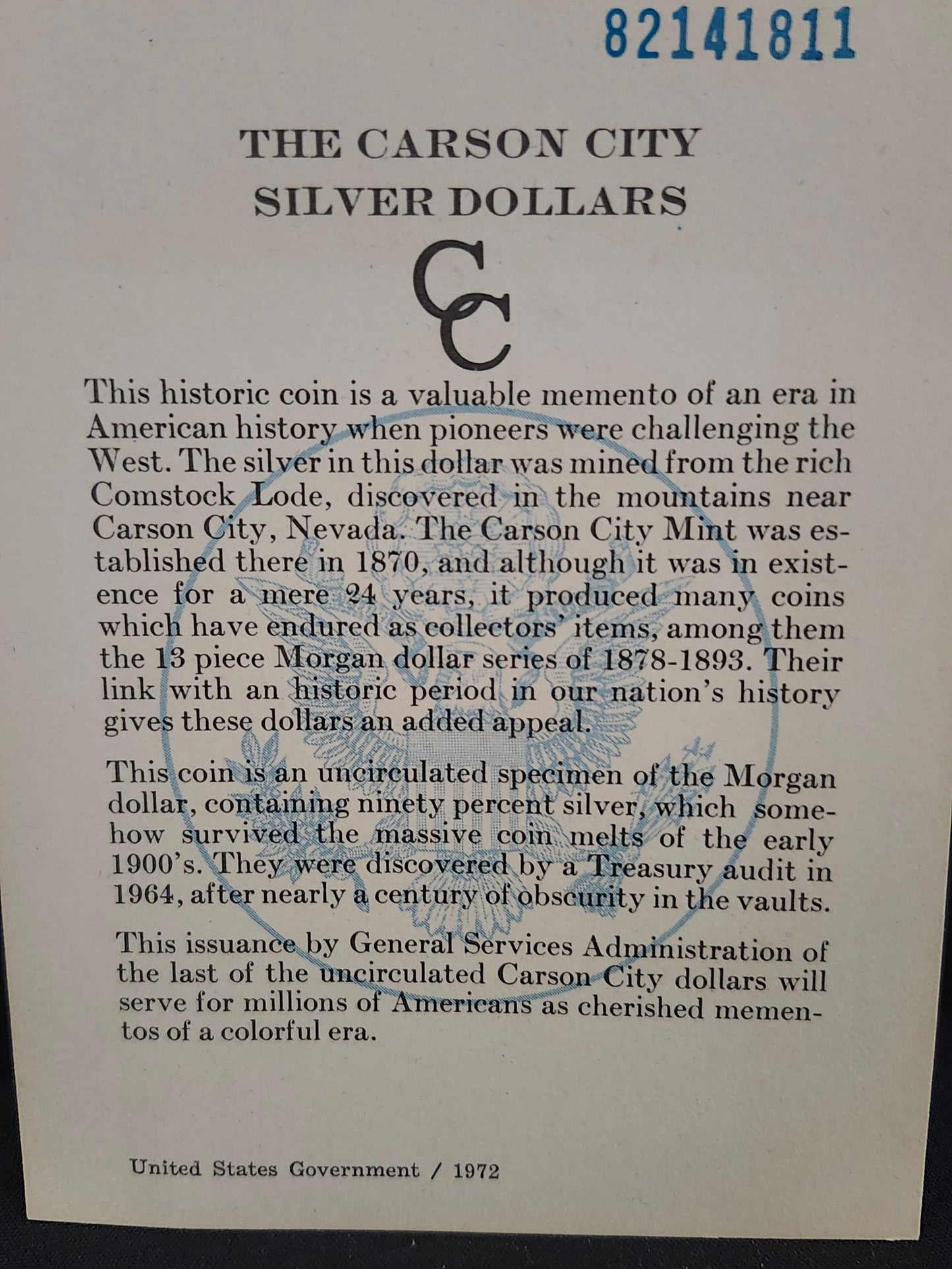 Document about Carson City silver dollars with text and a blue bar on the left side. 82141811
