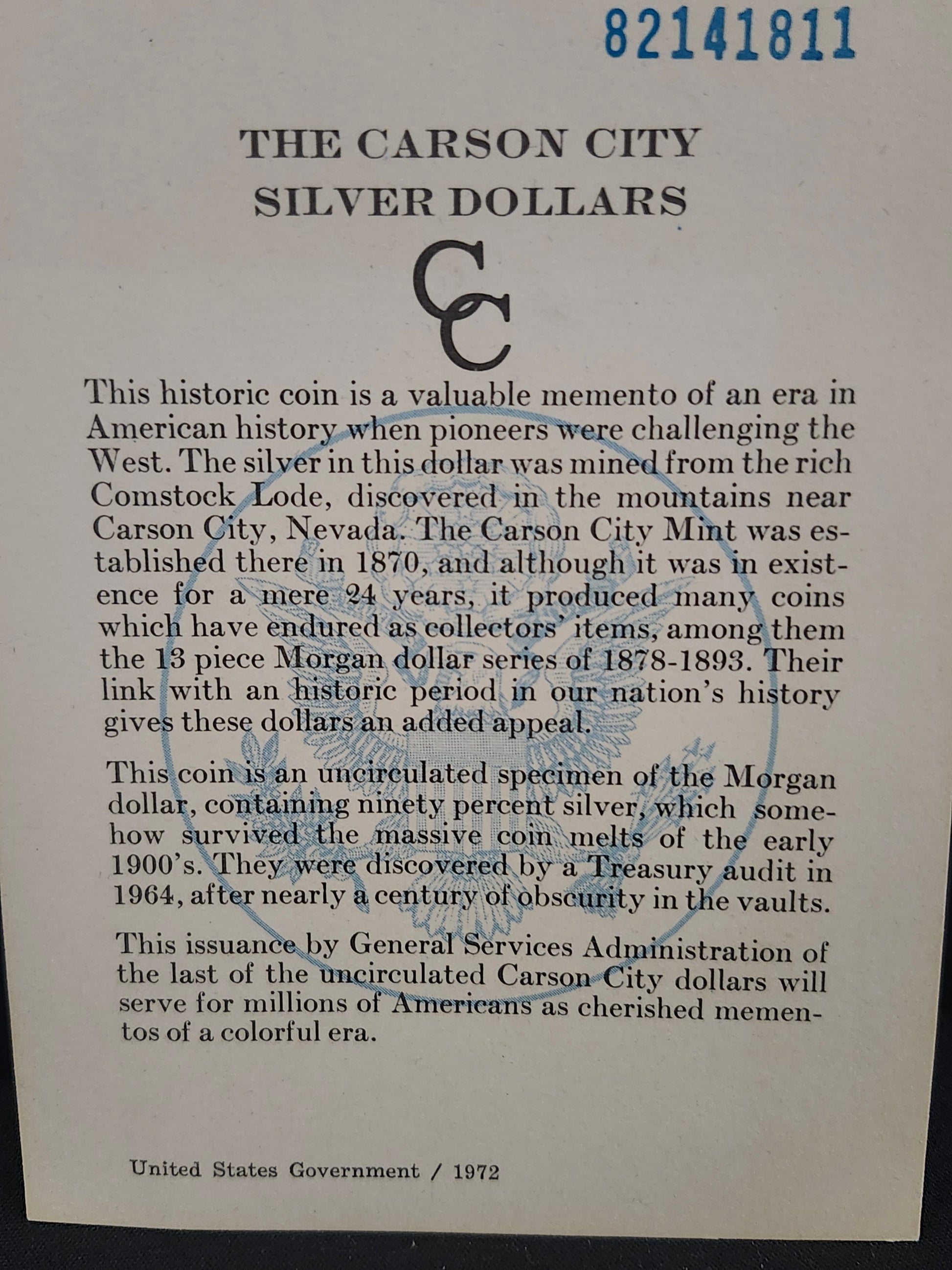 Document about Carson City silver dollars with text and a blue bar on the left side. 82141811