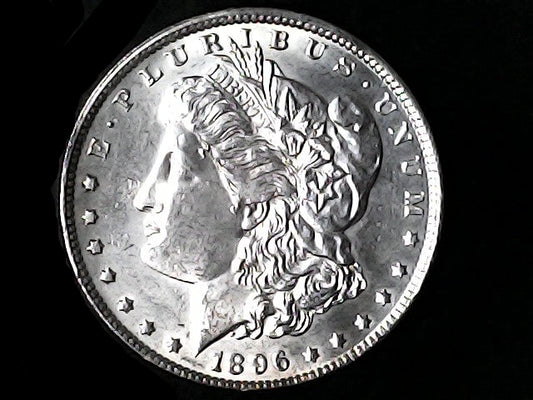 Silver Morgan Dollar Left-facing profile of Liberty wearing a Phrygian cap, with 'LIBERTY', "E PLURIBUS UNUM" and '1896' inscriptions on a black background with case