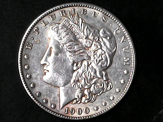 Silver Morgan Dollar Left-facing profile of Liberty wearing a Phrygian cap, with 'LIBERTY', "E PLURIBUS UNUM" and '1900' inscriptions on a black background with case