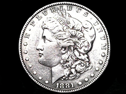 Silver Morgan Dollar Left-facing profile of Liberty wearing a Phrygian cap, with 'LIBERTY', "E PLURIBUS UNUM" and '1881' inscriptions on a black background with case