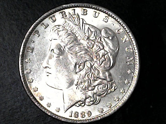 Silver Morgan Dollar Left-facing profile of Liberty wearing a Phrygian cap, with 'LIBERTY', "E PLURIBUS UNUM" and '1889' inscriptions on a black background with case