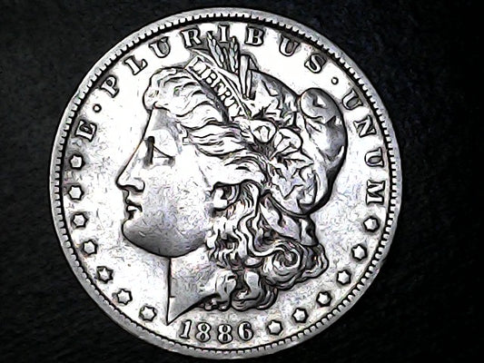 Silver Morgan Dollar Left-facing profile of Liberty wearing a Phrygian cap, with 'LIBERTY', "E PLURIBUS UNUM" and '1886' inscriptions on a black background with case