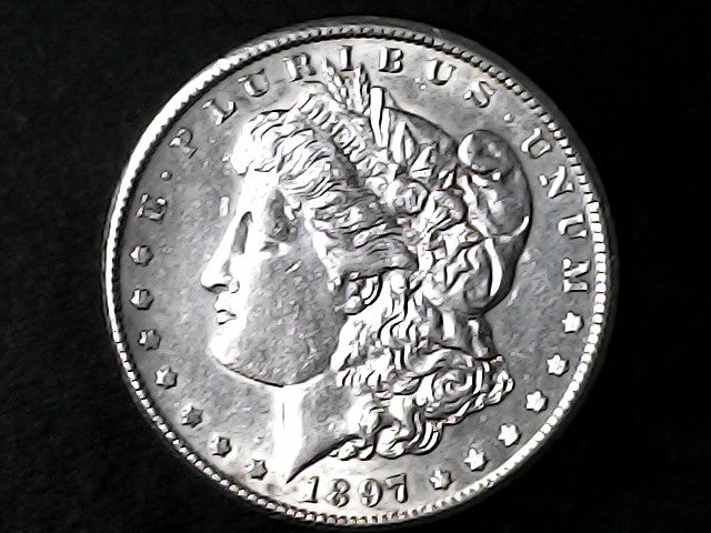 Silver Morgan Dollar Left-facing profile of Liberty wearing a Phrygian cap, with 'LIBERTY', "E PLURIBUS UNUM" and '1896' inscriptions on a black background with case