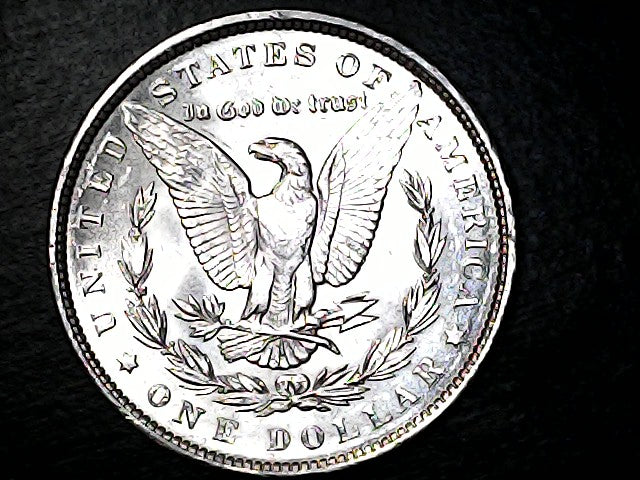 Silver Dollar with an eagle design on a black background 