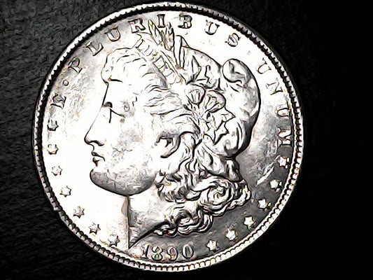 Silver Morgan Dollar with 'E Pluribus Unum', 'Liberty'  and '1890' inscriptions on a black background with case