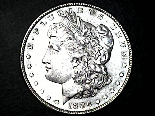 Silver Morgan Dollar coin with 'Liberty' head and 'E Pluribus Unum' inscription on a dark background