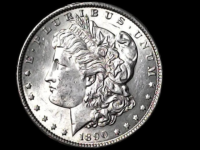 Silver Morgan Dollar Left-facing profile of Liberty wearing a Phrygian cap, with 'LIBERTY', "E PLURIBUS UNUM" and '1896' inscriptions on a black background with case