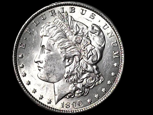 Silver Morgan Dollar Left-facing profile of Liberty wearing a Phrygian cap, with 'LIBERTY', "E PLURIBUS UNUM" and '1896' inscriptions on a black background with case