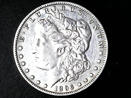 Silver Morgan Dollar Left-facing profile of Liberty wearing a Phrygian cap, with 'LIBERTY', "E PLURIBUS UNUM" and '1896' inscriptions on a black background with case