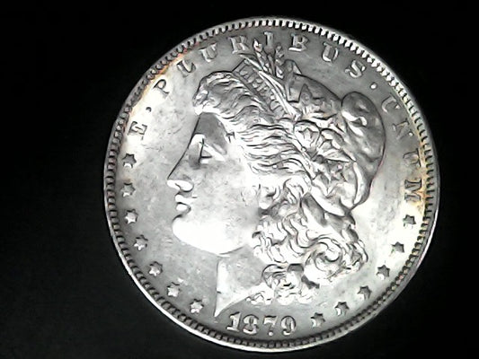 Silver Morgan Dollar Left-facing profile of Liberty wearing a Phrygian cap, with 'LIBERTY', "E PLURIBUS UNUM" and '1879' inscriptions on a black background with case