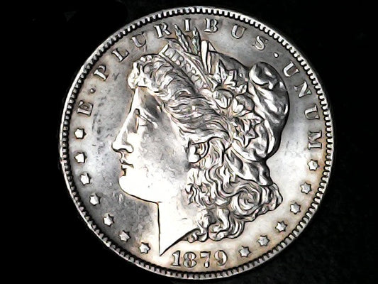 Silver Morgan Dollar Left-facing profile of Liberty wearing a Phrygian cap, with 'LIBERTY', "E PLURIBUS UNUM" and '1879' inscriptions on a black background with case