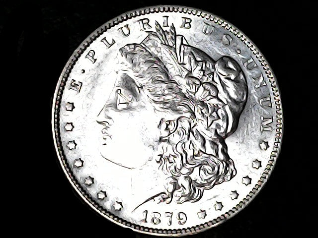 Silver Morgan Dollar Left-facing profile of Liberty wearing a Phrygian cap, with 'LIBERTY', "E PLURIBUS UNUM" and '1879' inscriptions on a black background with case