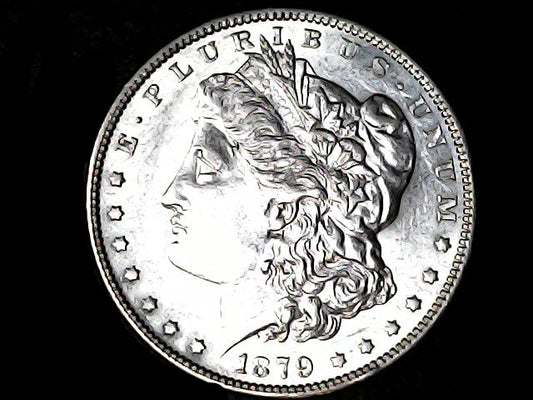 Silver Morgan Dollar Left-facing profile of Liberty wearing a Phrygian cap, with 'LIBERTY', "E PLURIBUS UNUM" and '1879' inscriptions on a black background with case