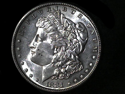 Silver Morgan Dollar Left-facing profile of Liberty wearing a Phrygian cap, with 'LIBERTY', "E PLURIBUS UNUM" and '1881' inscriptions on a black background with case