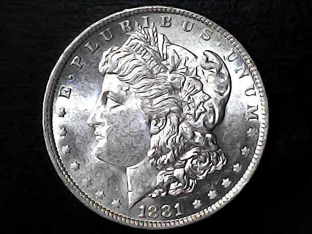 Silver Morgan Dollar Left-facing profile of Liberty wearing a Phrygian cap, with 'LIBERTY', "E PLURIBUS UNUM" and '1881' inscriptions on a black background with case