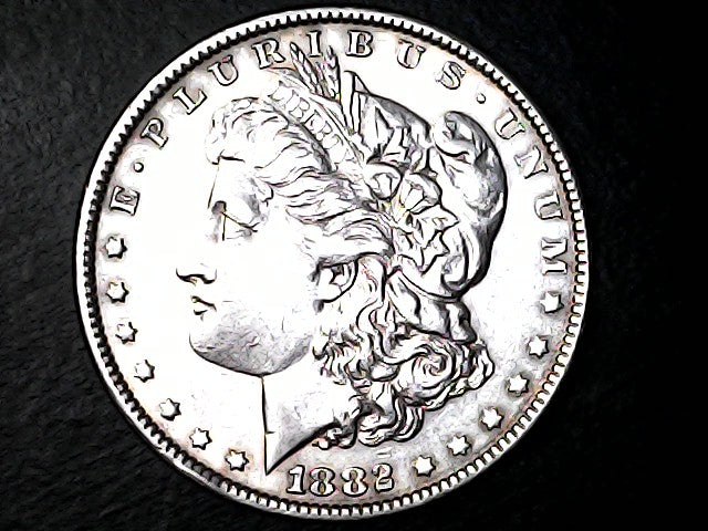 Silver Morgan Dollar Left-facing profile of Liberty wearing a Phrygian cap, with 'LIBERTY', "E PLURIBUS UNUM" and '1882' inscriptions on a black background with case