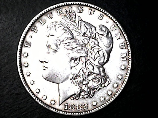 Silver Morgan Dollar Left-facing profile of Liberty wearing a Phrygian cap, with 'LIBERTY', "E PLURIBUS UNUM" and '1882' inscriptions on a black background with case