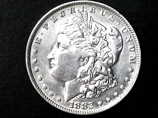 Silver Morgan Dollar Left-facing profile of Liberty wearing a Phrygian cap, with 'LIBERTY', "E PLURIBUS UNUM" and '1882' inscriptions on a black background with case