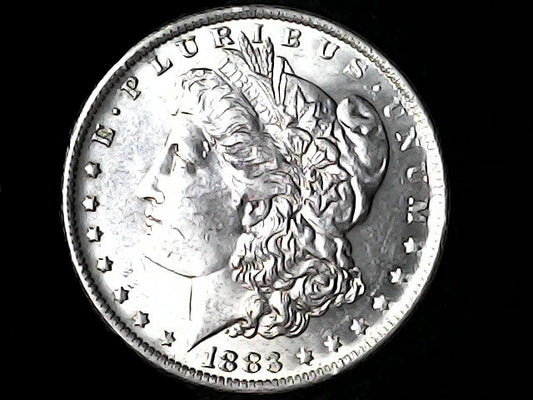 Silver Morgan Dollar Left-facing profile of Liberty wearing a Phrygian cap, with 'LIBERTY', "E PLURIBUS UNUM" and '11883' inscriptions on a black background with case