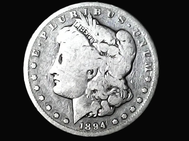 Silver Morgan Dollar Left-facing profile of Liberty wearing a Phrygian cap, with 'LIBERTY', "E PLURIBUS UNUM" and '1894' inscriptions on a black background with case