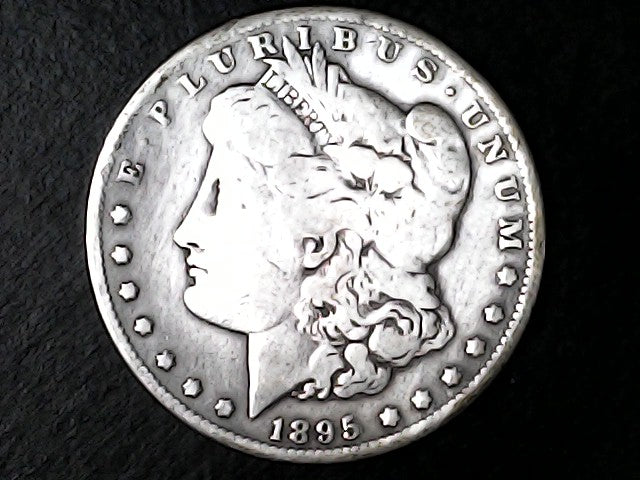 Silver Morgan Dollar Left-facing profile of Liberty wearing a Phrygian cap, with 'LIBERTY', "E PLURIBUS UNUM" and '1895' inscriptions on a black background with case